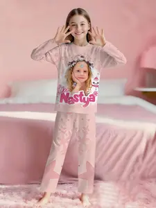 Pink Snow Like Nastya Girlish 2-Piece Girls' Digital Print Long-Sleeve Pajamas with Long Pants, Flame-Retardant Fabric. A fashionable, trendy, casual, comfortable and soft pajama set, suitable for sleeping and home leisure. Made of 100% polyester, perfect