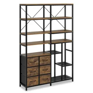 Sikaic 7-Tier Industrial Convertible Bookshelf with 6 Fabric Drawers Rustic Brown Industrial Deformable Freestanding Corner Bookcase with Open Bookshelf