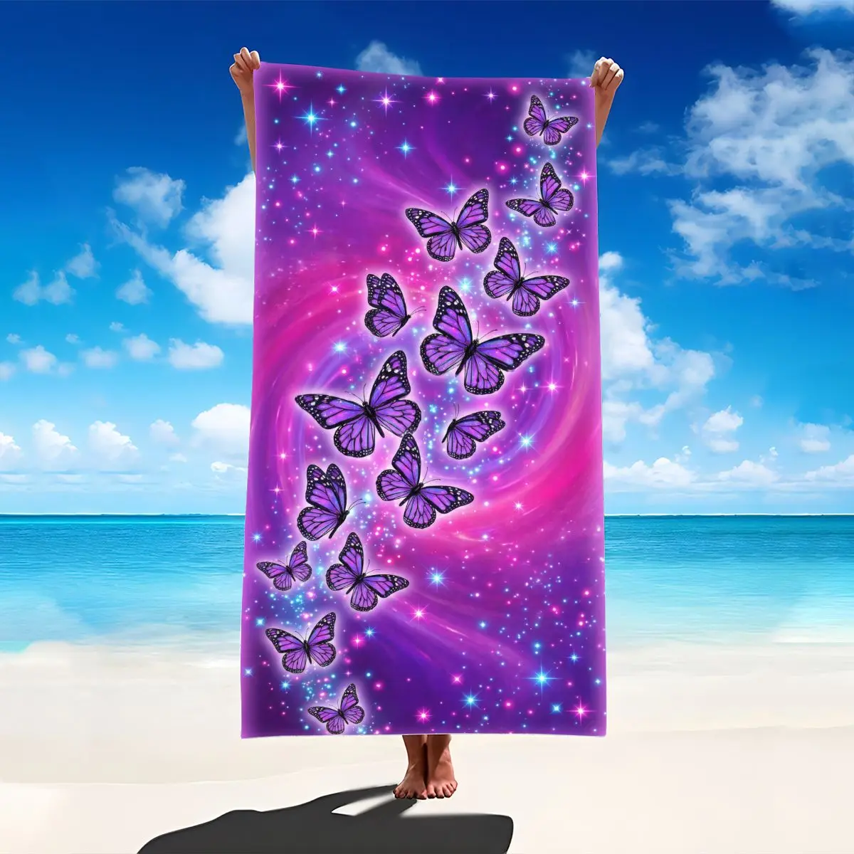 Purple Butterfly Galaxy Print Microfiber Beach Towel, Lightweight Quick-Dry Soft with Sparkle Stars, for Summer Pool & Beach Use, Cover