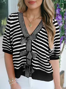 Stripe Short Sleeve Knit V Neck Bow Knot Sweater, Bow Knot Detail Enhances Feminine Charm.