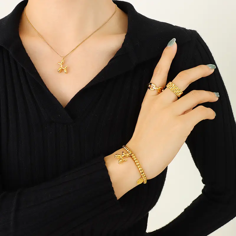 4PCS Jewelry Set, Ornament Cute Balloon Air Dog Clavicle Puppy Necklace Earrings Titanium Steel Gold-plated Bracelet Ornament Suit