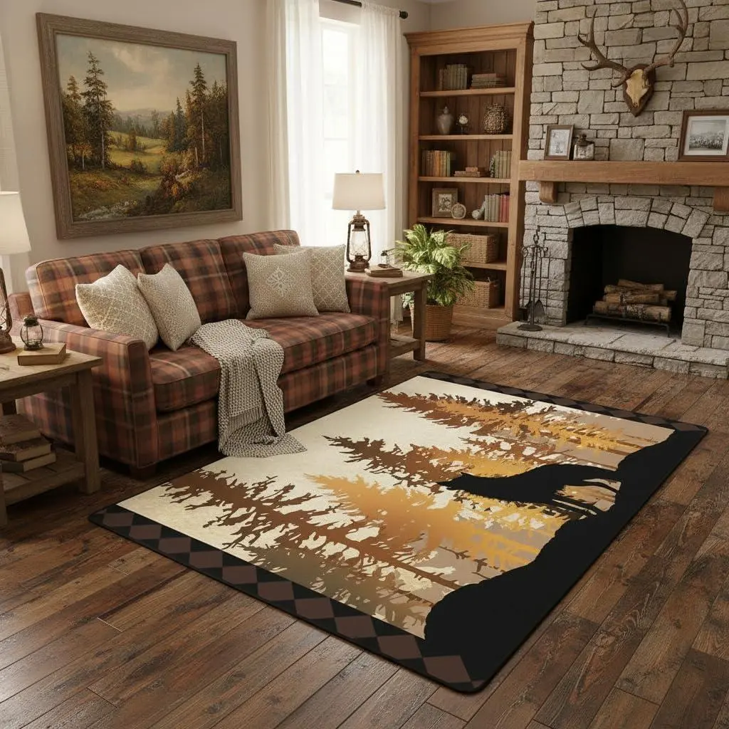 Rustic Cabin Area Rug Woodland Wildlife Wolf Rug Bedroom Living Room Farmhouse Country Lodge Carpet Decor Western Country Hunting Theme Indoor Floor Mat Non Slip