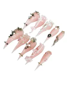 JmDrnails Dragon Claw Nails 10 PCS Handmade Press-On Nails | Pink Coquette Nails With 3D Bows & Punk Charms