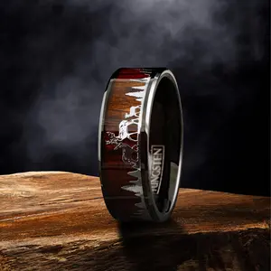 Personalized Black Tungsten Men's Ring Deer Family Forest Wood Wedding Band, Nature-Inspired Comfort Fit Ring, Tungsten Jewelry