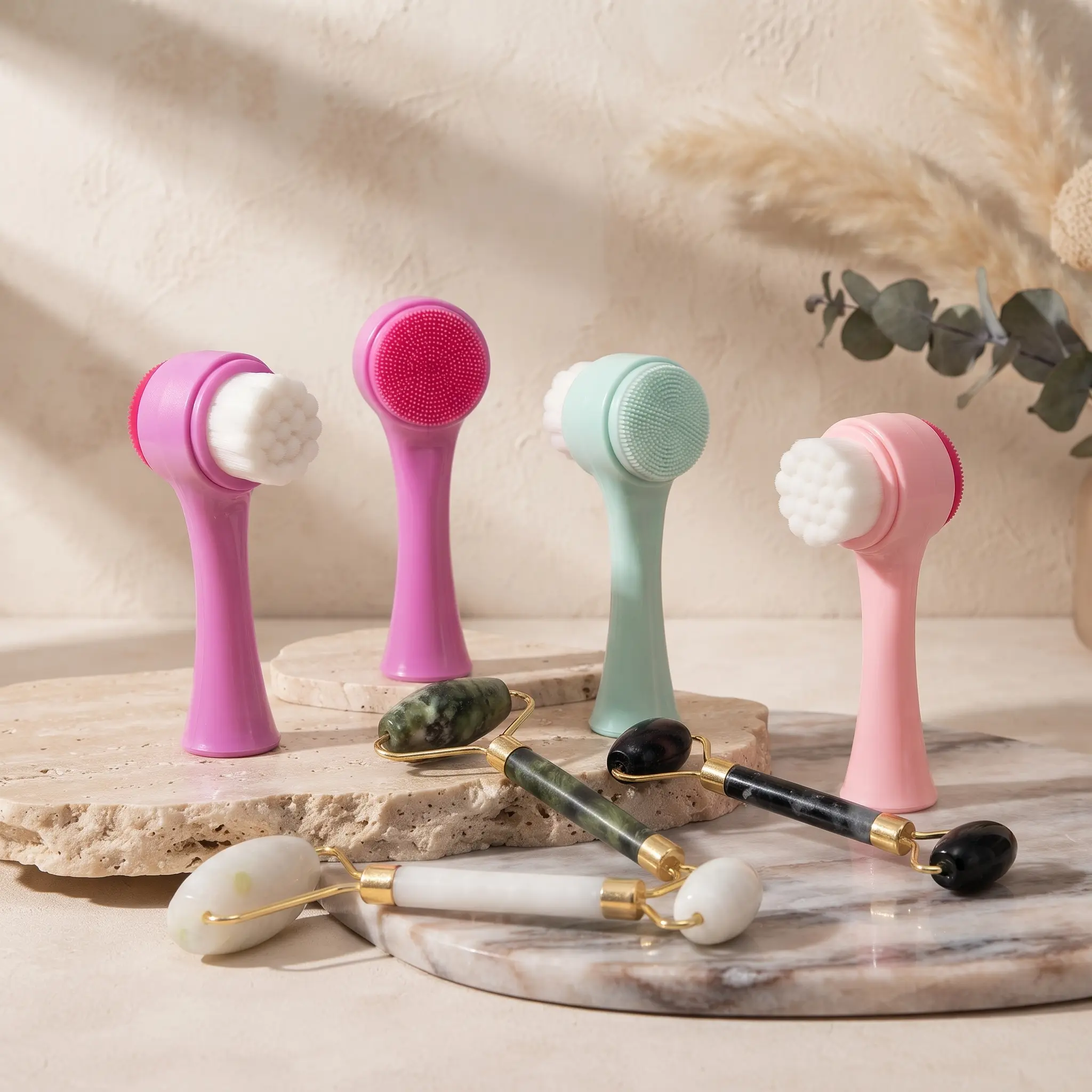 Pastel Facial Cleansing Brush & Jade Roller Kit, Exfoliating Washing Brush Skin Massager Roller for Puffiness, Anti-Aging Skincare Tool