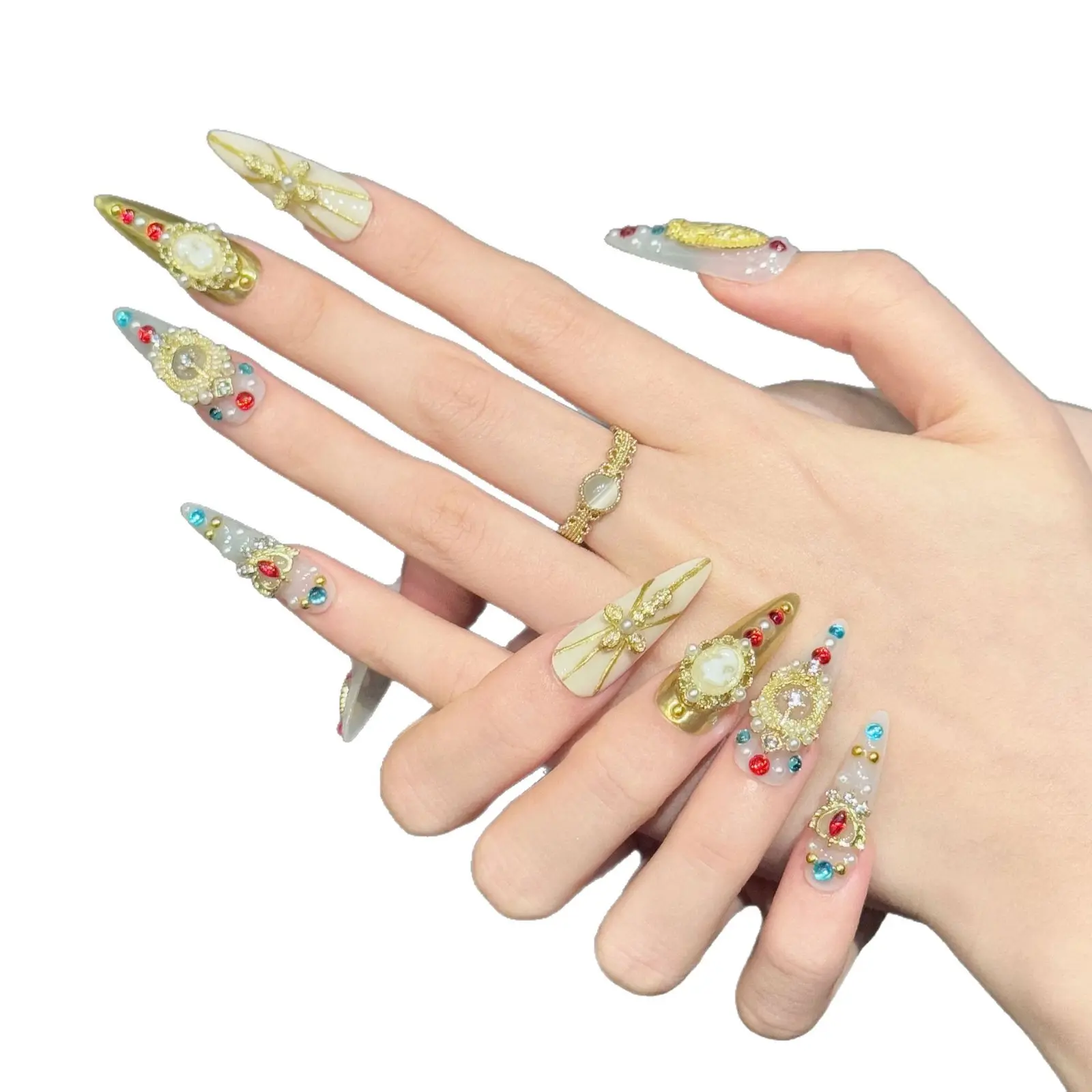 Medium-length Long-pointed K9 Zircon Gradient Halo Rhinestone Nail Art Press-type Removable Reusable Plastic Artificial Fingers with Acrylic Stickers for Nail Art Enthusiasts