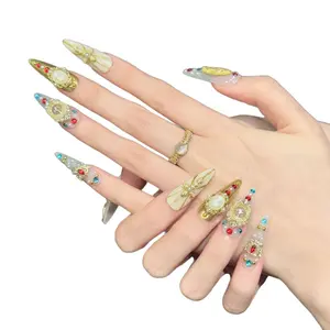 Medium-length Long-pointed K9 Zircon Gradient Halo Rhinestone Nail Art Press-type Removable Reusable Plastic Artificial Fingers with Acrylic Stickers for Nail Art Enthusiasts