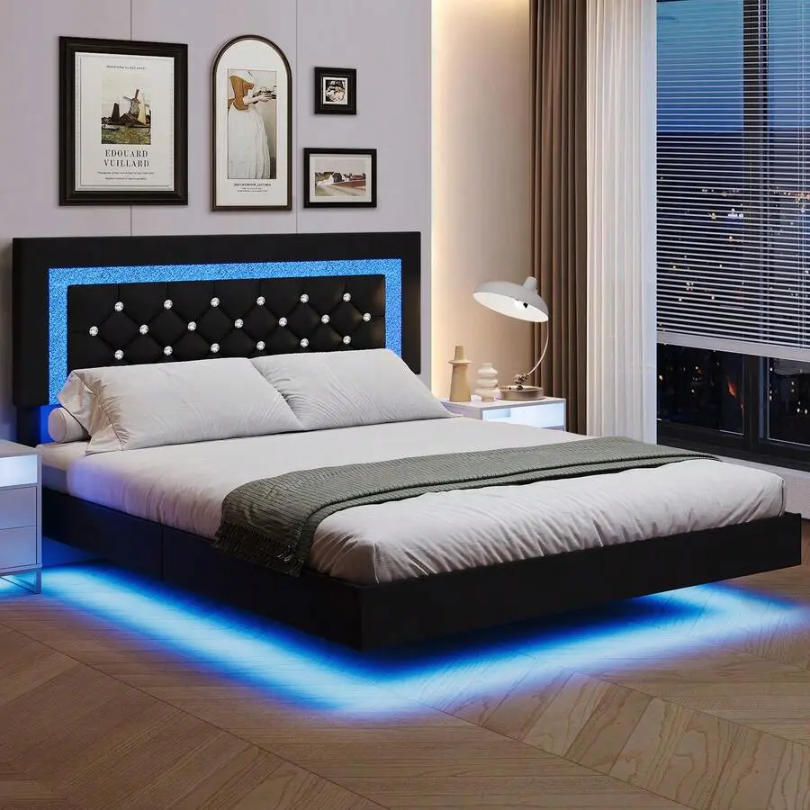 Modern LED Floating  Frame with Diamond-Studded Headboard, Full/Queen Upholstered Platform, Rust-Resistant Sturdy Anti-Noise PU Leather, USB-Powered Black Frame, Cloud-Sized Double for Floor Door Access,  Frames