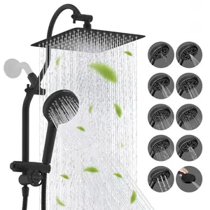 Hibbent Upgraded All Metal 10"Rainfall Showerhead Combo, High Pressure Shower Head with 10-Spray Mode Handheld, Innovative 4-way Diverter with Pause Mode, 71'' Shower Hose and Handheld Holder, Black