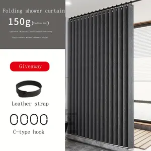 1pc High-Pressure Folding Waterproof Shower Curtain - Durable, Machine Washable, Stylish Faux Leather Strap & C-Type Hooks for Bathroom Privacy Screen