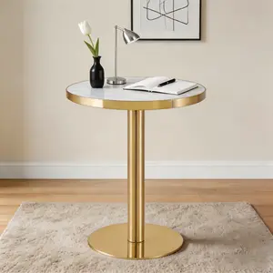 23.6" Round MDF sprayed with UV paint countertop, whiye marble texture, gold stainless steel edging, metal table legs, modern light luxury edge/coffee table.