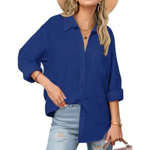 Womens Button Down Shirts Long Sleeve Cotton Gauze Tops Casual Collared Blouses Loose Fit