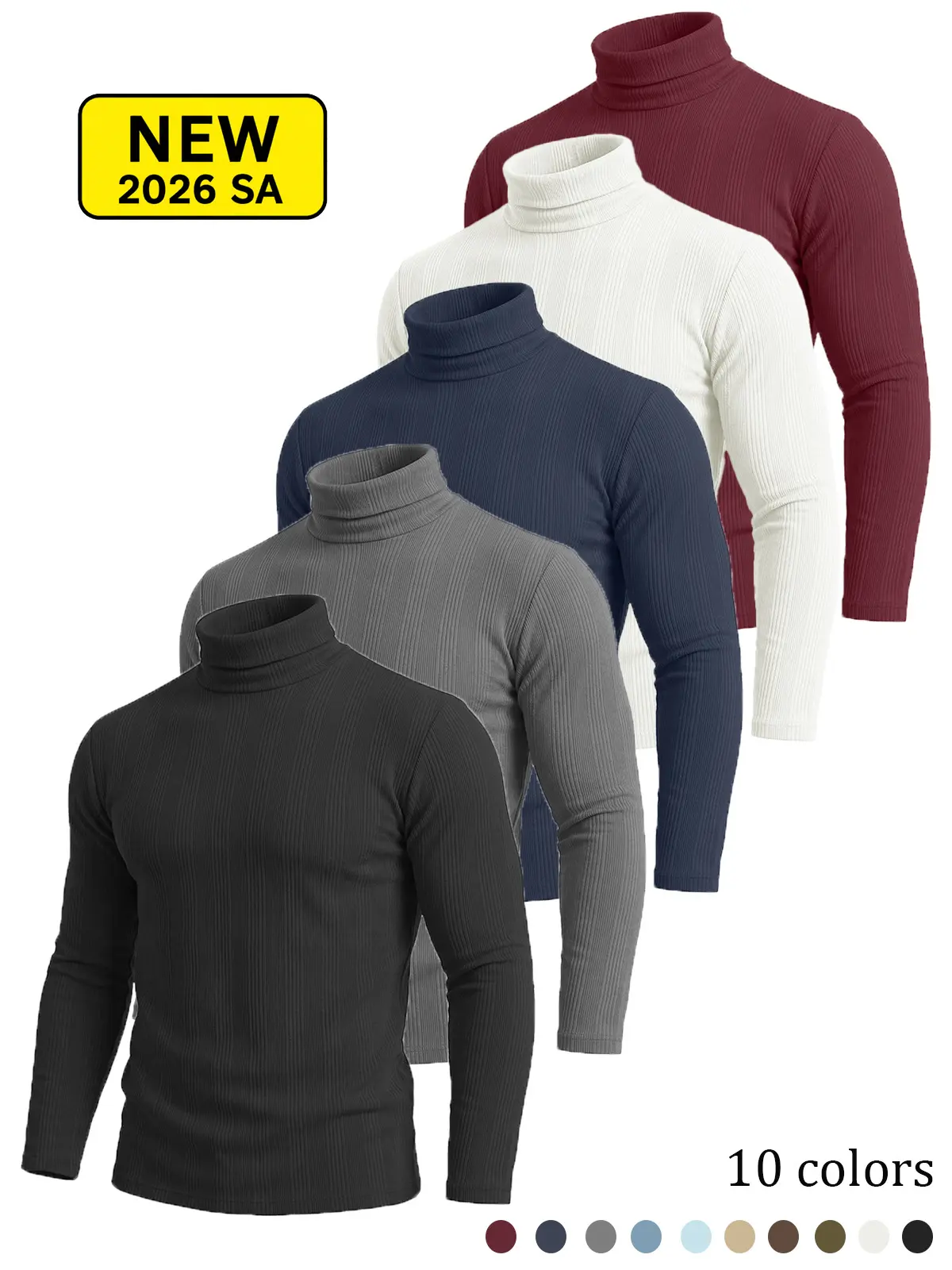 2-Pack Men’s Ribbed Mock Neck Long Sleeve Shirt, Vintage Textured Slim Fit Warm Base Layer Pullover, Retro Casual Top for Work, Office & Daily Wear