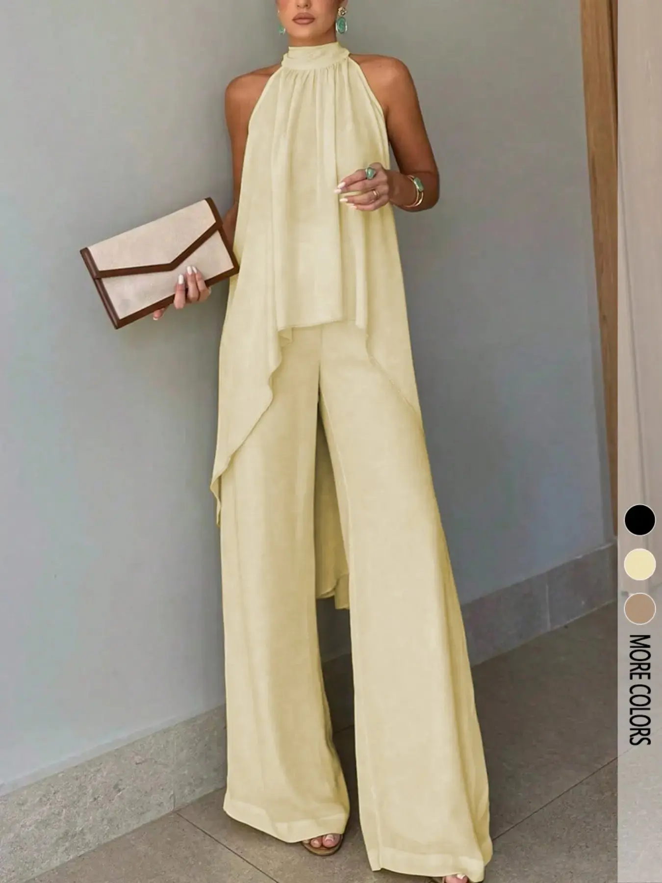 2pcs Set Solid Color Elegant Casual Party Front Short Back Long Twist Halter Neck Long Top & Wideleg Pants Women Suit, Vacation & Date Outfit, Spring/Summer