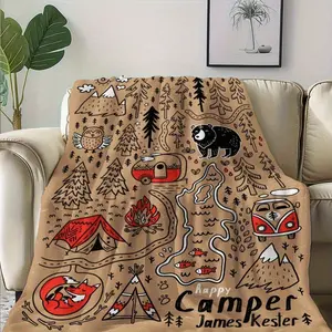 Outdoor Camping Blanket Featuring a Full Print of Hand-Drawn Forest Animals And Camping Elements, Exuding a Vintage Feel. Suitable for Sofa Beds, Cars, And Offices L