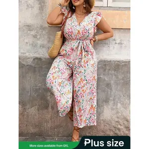 【Plus Size】 All Over Print Vneck Jumpsuit, Boho Casual Fitted Wide Leg Jumpsuit for Daily Holiday Vacation Wear, Women's Plus Clothing for All Seasons