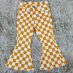orange white plaid printed flare jeans western kids girls denim pants
