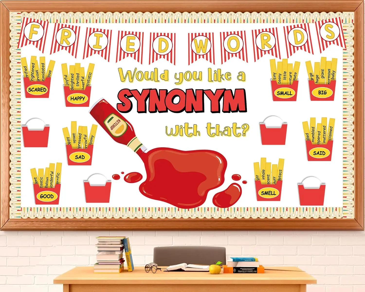 Synonym Bulletin Board Set Fried Words Classroom Decoration Other Way to Say Synonym Bulletin Board French Fry Box Cutouts for English Educational Classroom Back to School Chalkboard Wall Decor