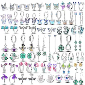 Lucky Clover Earrings 925 Silver Original Zircon Butterfly Dragonfly Chameleons Bee Flower Earrings For Women Jewelry Gift