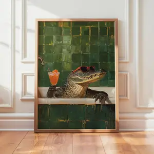 [UNFRAMED POSTER] Crocodile Bathroom Wall Art, Vertical Cocktail Crocodile Digital Print, Bathroom Poster, Crocodile Decor,Oil Painting Style