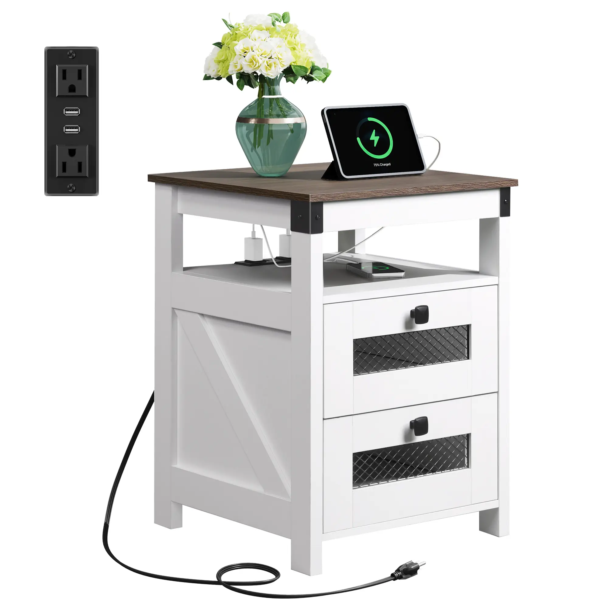 WLIVE Farmhouse Nightstand, End Table with Charging Station, Bedroom Wooden Night Stand with 2 Storage Drawers, Side Table with USB Ports and Outlets,