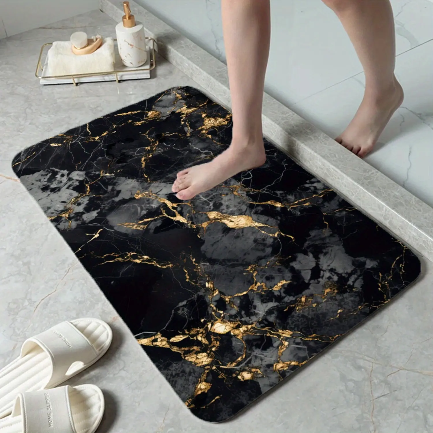 Black&Gold Marble Pattern Soft Stone Bath Mat, Non Slip Soft Diatomite Material High-end Texture Soft Absorbent Stone Mat Suitable for Bathroom Bathtub Sink Perfect Home Decoration Rug Bathroom Decoration, Machine Washable Bathroom Carpet