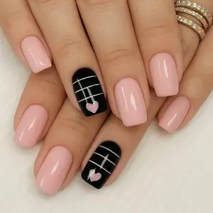 Set of 24 Short Square Fake Nails, Heart Polka Dot Design, Sweet Cool Style, Perfect for Dates and Parties, Nail Tips Art