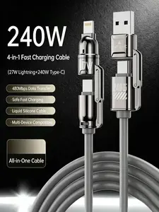 240W 4-in-1 Fast Charging Cable with USB-A, Type-C, Lightning Interfaces for iPhone, Android, Laptops, 480Mbps Data Transfer, Liquid Silicone, Zinc Alloy Connector, 99% Compatibility