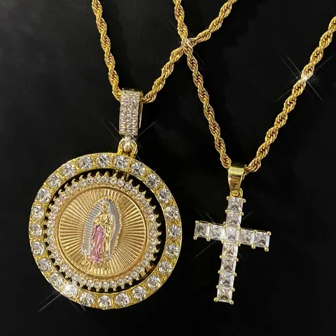 Hip Hop Rhinestone Decorated Virgin Mary and Cross Pendant Necklace Set, Religious Fashion Jewelry, Faith Necklace for Party and Daily Wear, Birthday Gift
