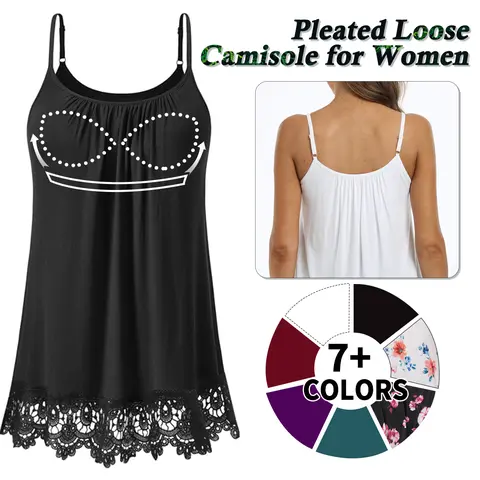 Women's Elastic Blend Sleeveless Pleated Loose-Fit Bohemian Camisole Tank Tops with Built-in Bra, Lace-Hem Detail (1-2 Pack, S-4XL) - Spaghetti Straps, Adjustable Straps, Scoop Neck, Casual Summer Outfits for Halloween, Thanksgiving, Valentines Day