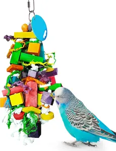 Parrot Wooden and Rope Chewing , Multi-Shaped and Multicolored Blocks and  Rope with  Loop (6 Inches)
