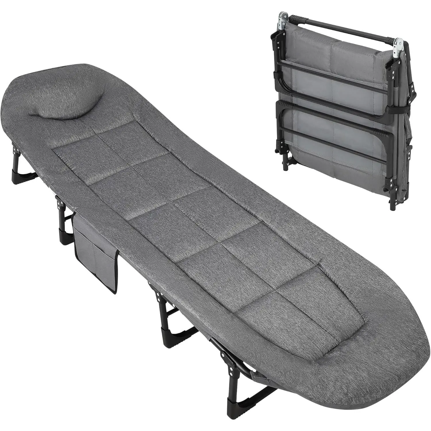 Portable Folding Sun Lounger with Adjustable Backrest, 3-in-1 Camping Cot & Tanning Beach Chair for Outdoor/Garden/Pool, Lightweight Guest Bed with Mattress & Pillow, No Assembly, Side Storage Pocket, Compact Space-Saving, Grey/Black