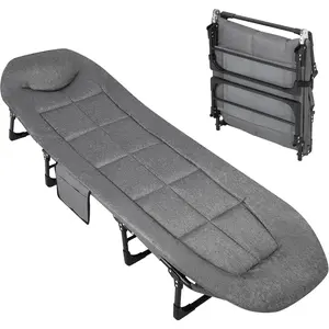 Portable Folding Sun Lounger with Adjustable Backrest, 3-in-1 Camping Cot & Tanning Beach Chair for Outdoor/Garden/Pool, Lightweight Guest Bed with Mattress & Pillow, No Assembly, Side Storage Pocket, Compact Space-Saving, Grey/Black