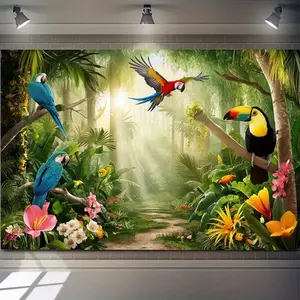 1pc Tropical Rainforest Polyester Flag, vivid wall decoration, home and room decoration, party backdrop, 100% polyester, colorful tropical rainforest scene, including colorful parrots
