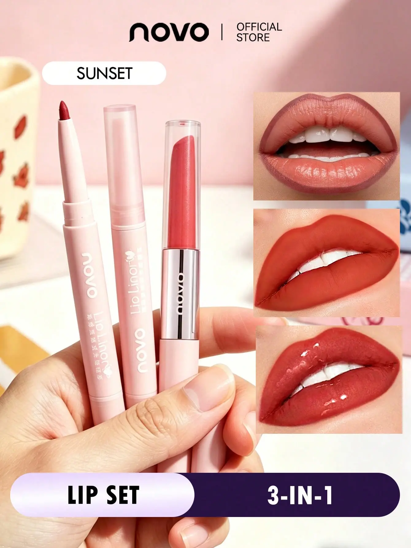 NOVO 2-Piece Lip Set – Dual-Ended Lip Liner + Double-Ended Lip Gloss Velvet Matte & Long-Lasting