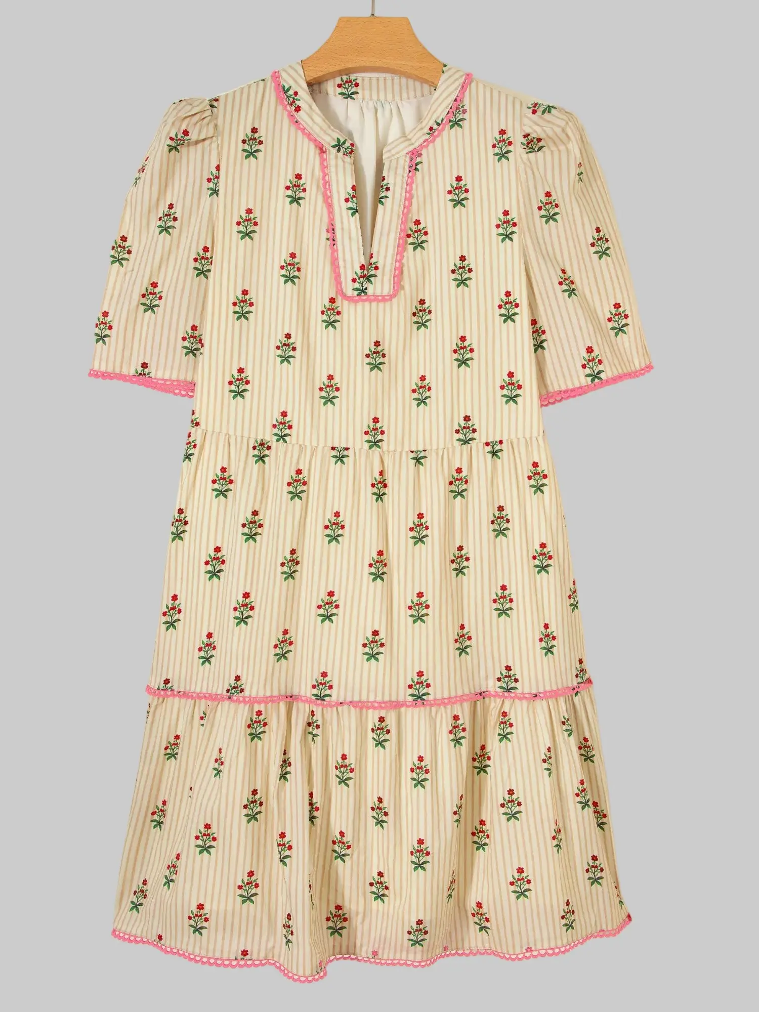 Apricot Striped Floral Print Contrast Detail Ruffle Hem Short Dress