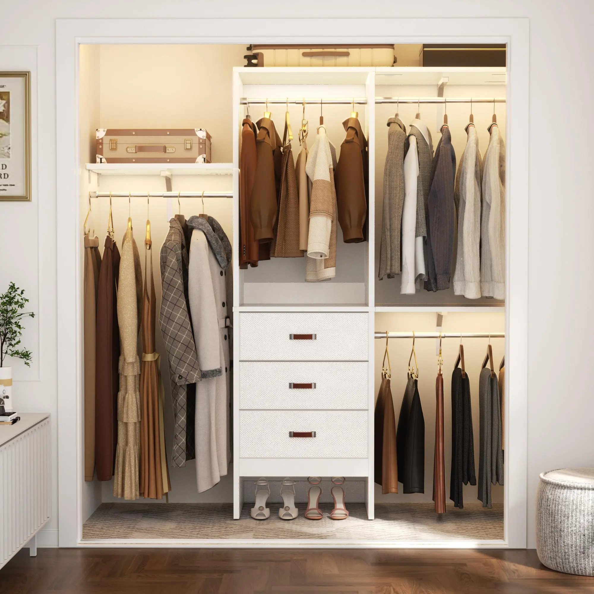 Armocity Closet System with 3 Fabric Drawers, 59 Inches Walk In Closet Organizer System With 3 Adjustable Shelves, Heavy Duty Clothes Rack Built-In Garment Rack