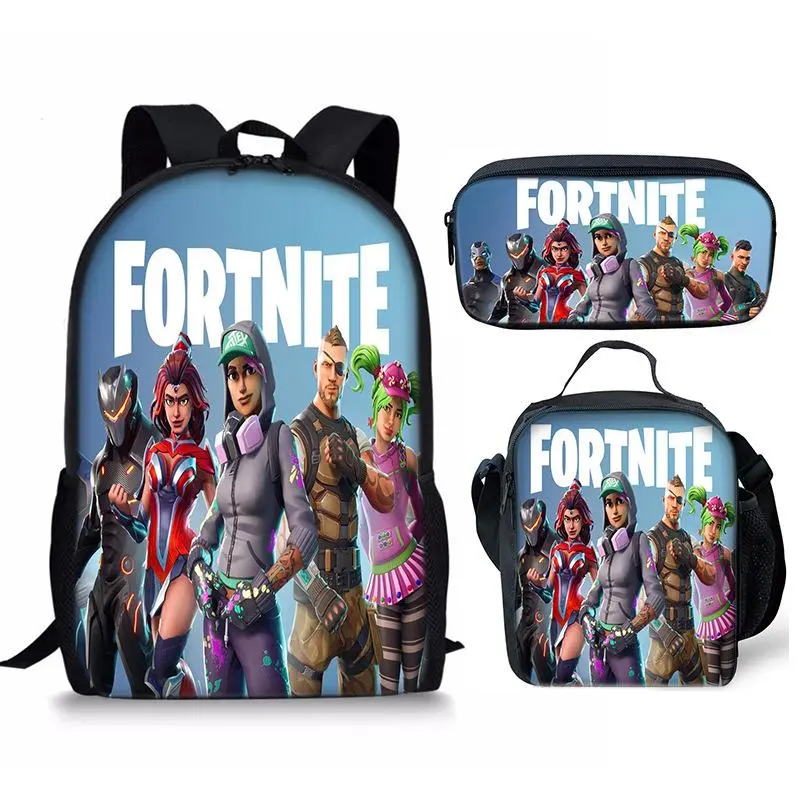 Fortnite Full Character Squad Print 3 In 1 Backpack Set, Backpack + Insulated Lunch Bag + Pencil Case Battle Royale Game Fan School Laptop Daypack