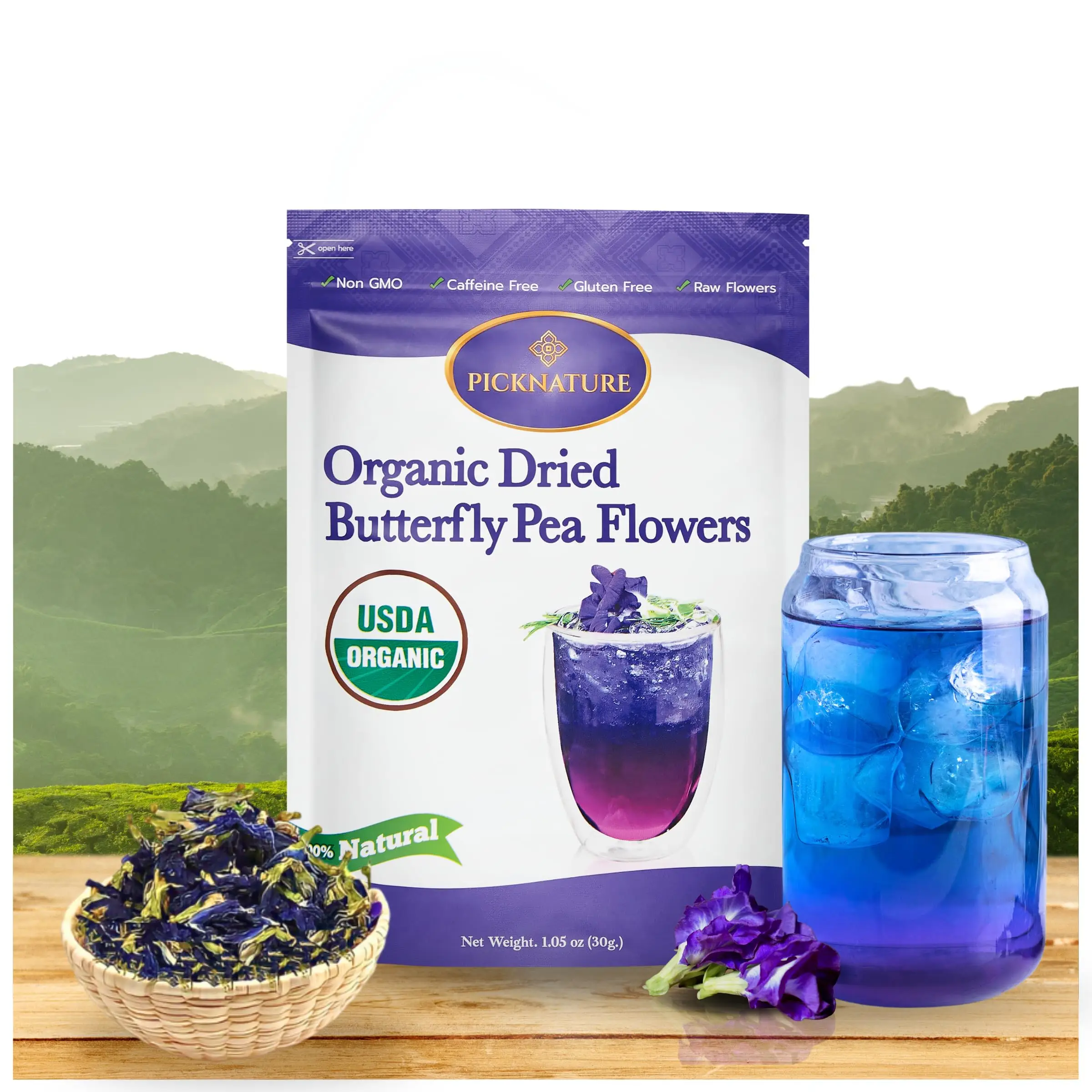 PICKNATURE Butterfly Pea Flower Tea Loose Leaf Whole Petals Freshly Picked from Thailand | 1.05 oz Mini Pack (100+ Cups) - Antioxidant Rich Dried Herb