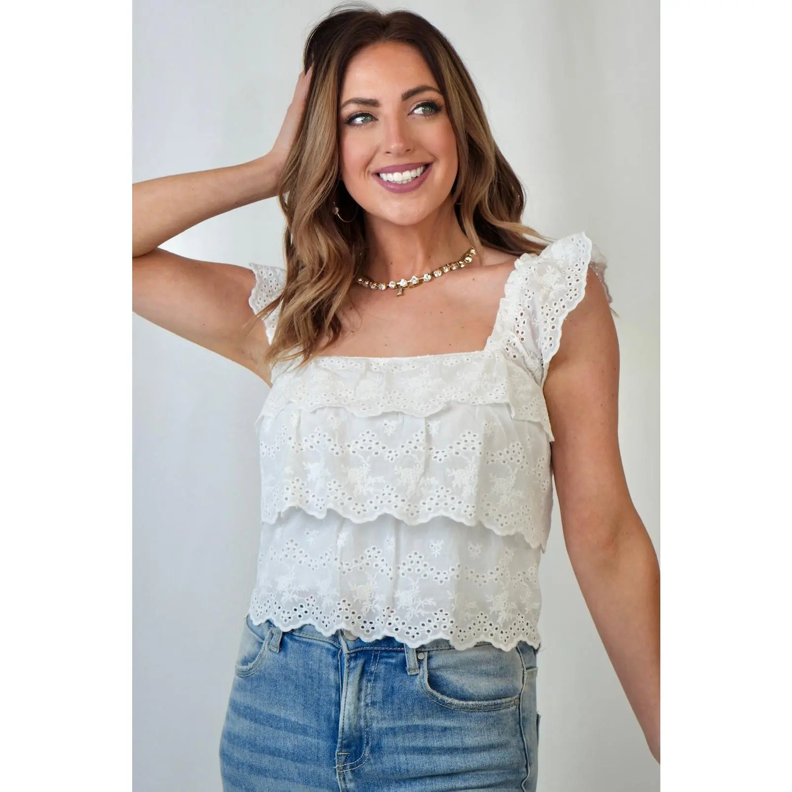 Elsie Embroidered Eyelet Ruffle Tier Top