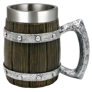 Funny Vintage Viking Wooden Barrel Beer Mug - Norse Decor Coffee Cup for Men - Heavy Duty Mug - 21oz Large Nordic Beverage Cup & Beer Stein Tankard - Unique Viking Decor  Reusable Washable  Drinkware Steel Tumbler