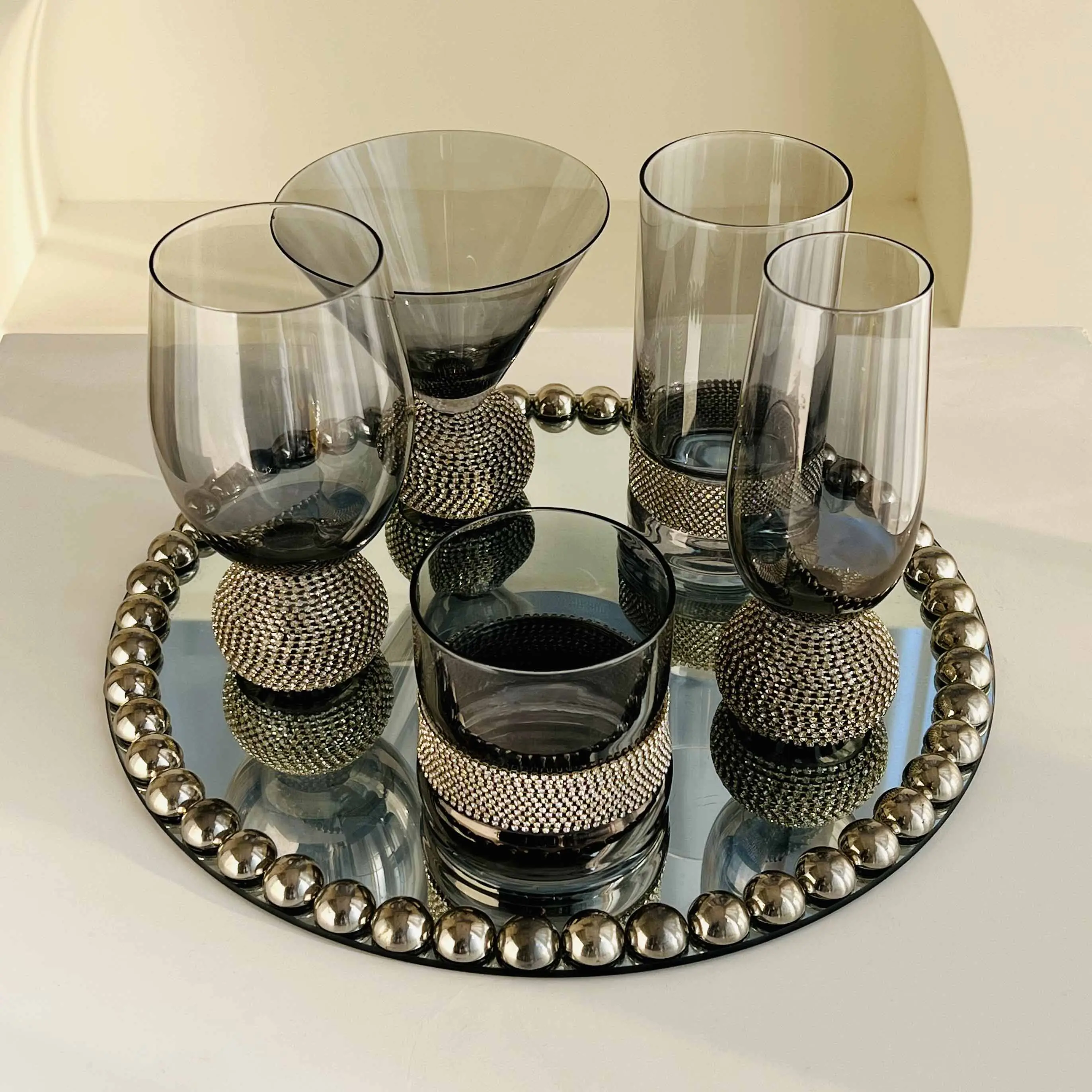 Elegant Silver Series Crystal Clear Drinking Glasses - Diamond Tumbler for Juice, Wine, High-End Women's Goblet, Stylish Home Bar & Modern Kitchen Drinkware (Tray Not Included)