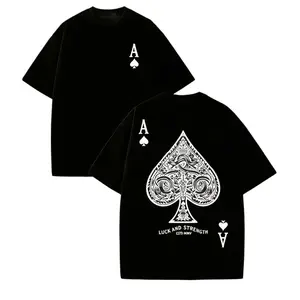 Retro Washed T-Shirt Double Sided Printed (230 Pure Cotton T-Shirt) 'LUCK AND STRENGTH' Letter And Ace Of Spades Pattern Print, Men's T-Shirt, Men's Casual, Comfortable, Fashionable T-Shirt, Street Style Cotton