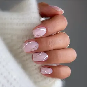 24pcs Short Square Press-On Nails, Marble Pattern, Nude Base, Curve & Gold Glitter Lines, Simple Elegant Design, Wedding Nails