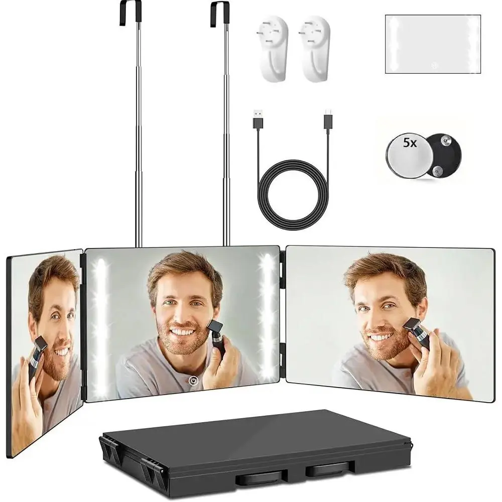Makeup Mirror 3 Way Mirror for Self Hair Cutting with Lights Usb Charging or without Rechargeable Self Cut 360 Barber Mirror for Haircuts Door Mount