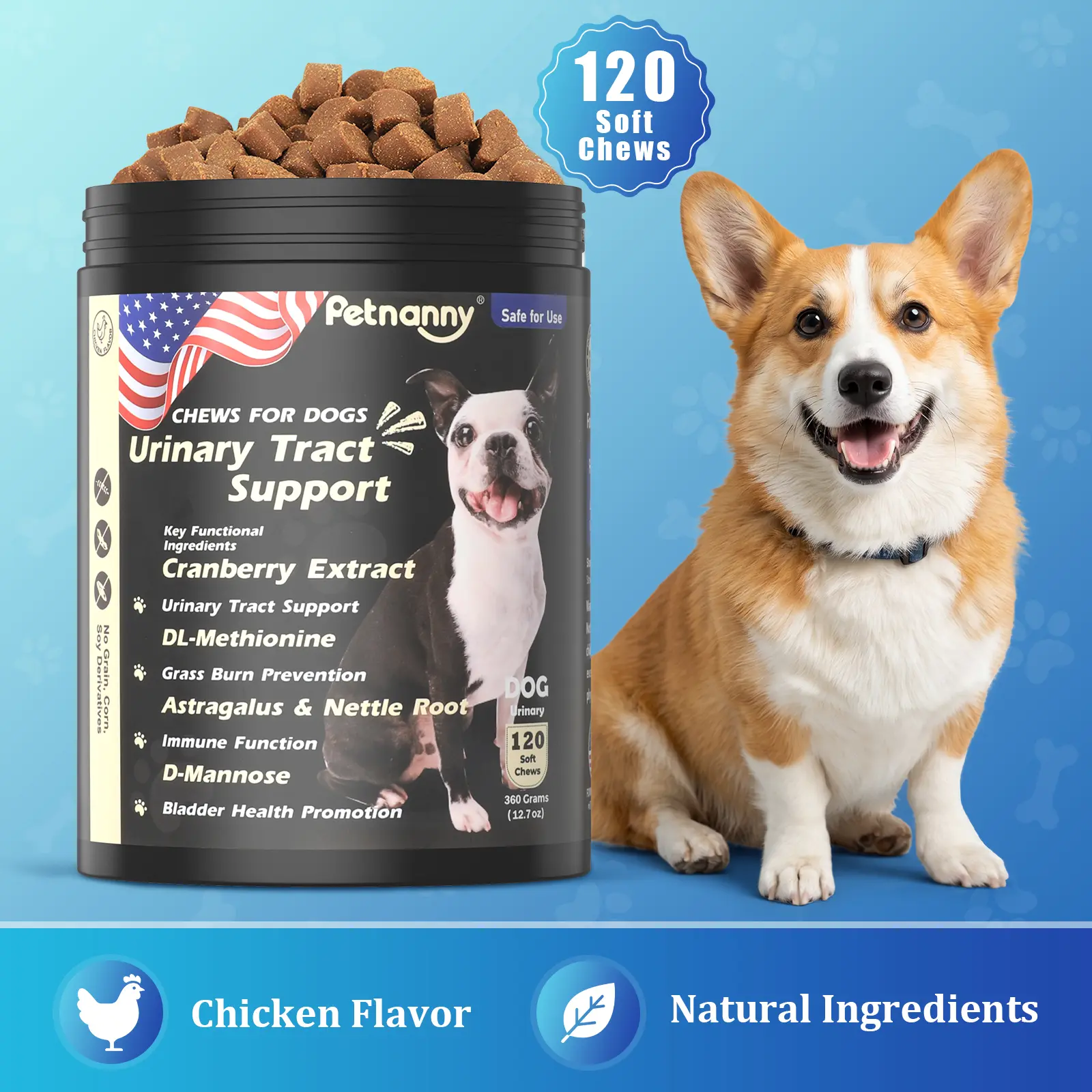 Petnanny Cranberry Supplement for Dogs，Supports Urinary Tract & Bladder Wellness，Improve pH Balance & Immunity, Chicken Flavor,120 Chews