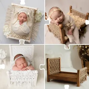Boho Newborn Photography Prop, Wooden Hand-Woven Bed, Cotton Rope Braided, Baby Photo Aid, Growth Memorial, Infant Photography Accessories, Newborn Crib