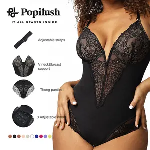 Popilush Fit Shapewear Bodysuit  Deep-V Neck Lace Bodysuits Basic Womenswear Tops Or Leather Skirts Underwear Sleeveless Long Sleeve Bodysuit Buckle Breathable Smooth