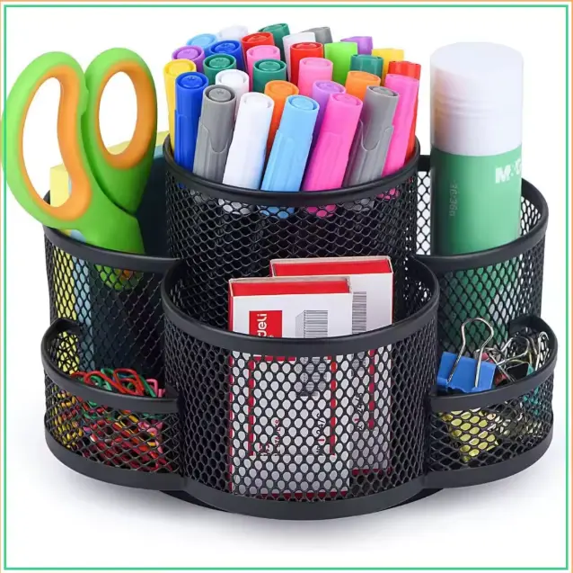 360 Rotating Desk Pen Holder, 7-Compartment Office Organizer, Black Mesh