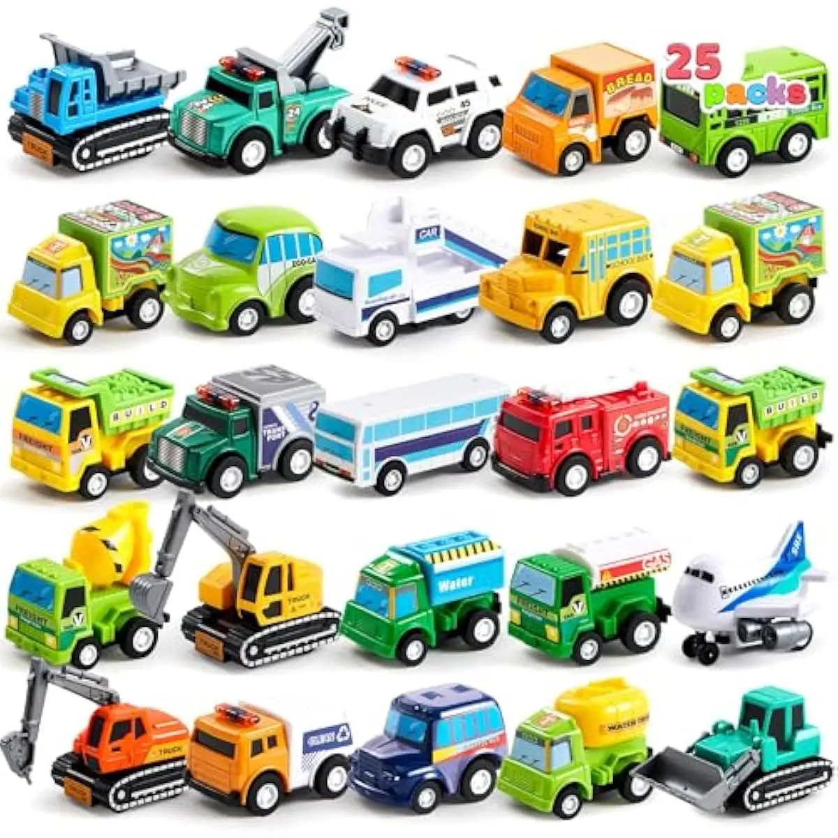 25 Pieces Pull Back Cars and Trucks Toy Vehicles Set for Toddlers, Girls and Boys Kids Play Set, Party Favors, School Gifts, Goodie Bags Stuffers for Kids
